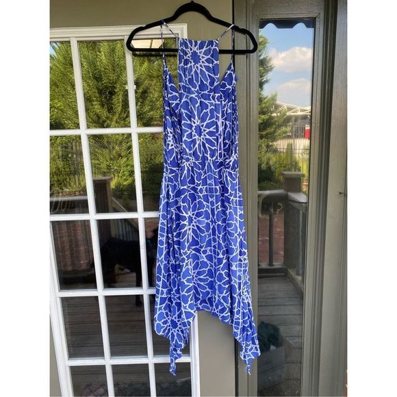 Indah Rinjani Draped Back Sun Dress BLUE Geometric Size Large, MSRP $132 - Picture 3 of 7